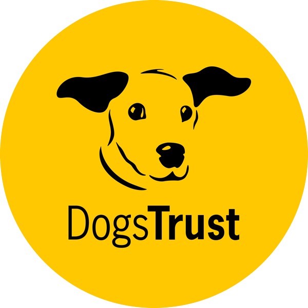 Dogs Trust logo. Yellow background with black drawing of dog
